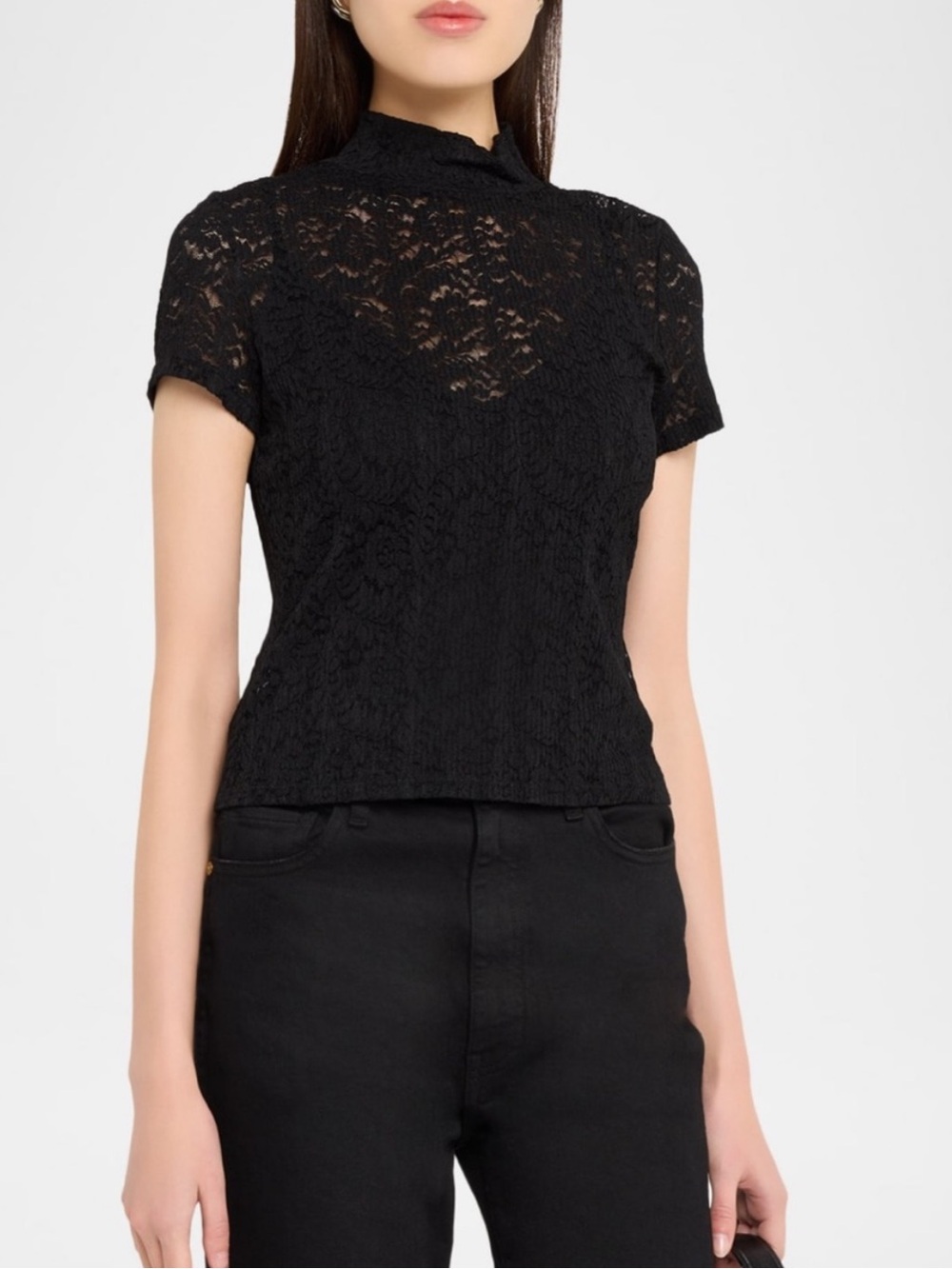 Paige Black Lace Mock-Neck Short Sleeve Top 🖤